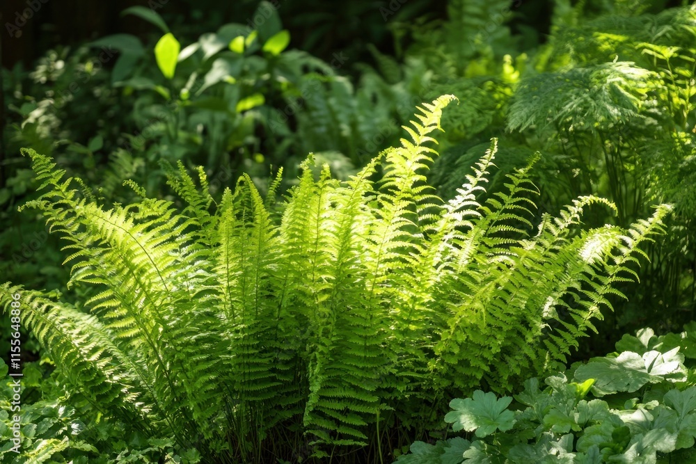 Lush green ferns thriving in a shady garden. Lush green ferns thriving in a shady garden.