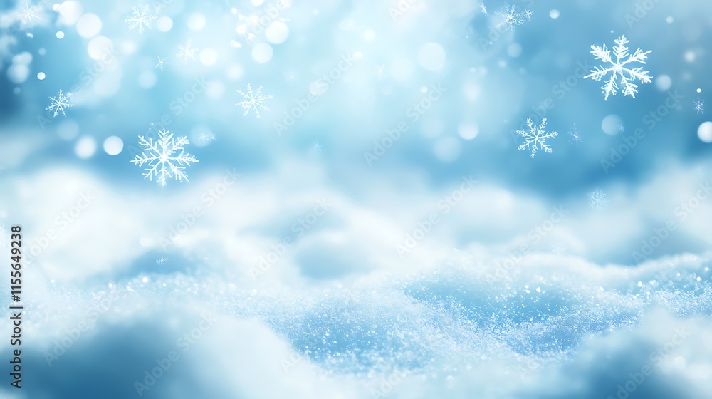 Fototapeta premium A picturesque snowy landscape with soft blue lighting and shimmering snowflakes