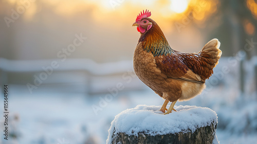 Chicken roosting on a snow-covered tree stump in winter at sunrise photo