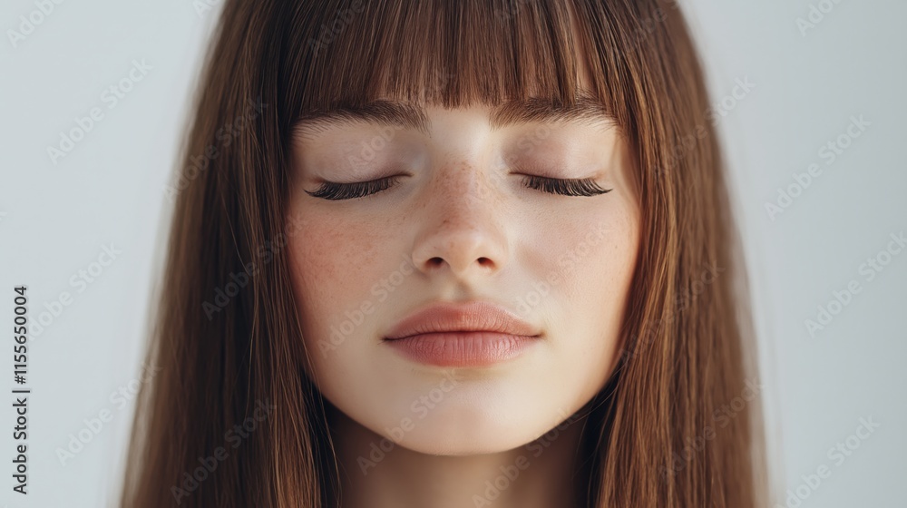 Calm expression of a young woman with long hair and closed eyes conveying tranquility and peace in a neutral setting. Calm expression of a young woman with long hair and closed eyes conveying tranquility and peace in a neutral setting.