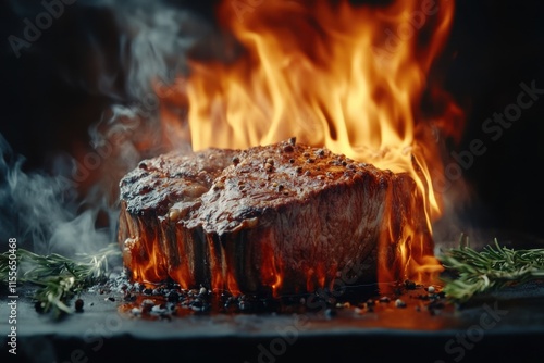 Flamb?ed Steak Cooking In Fiery Embers photo