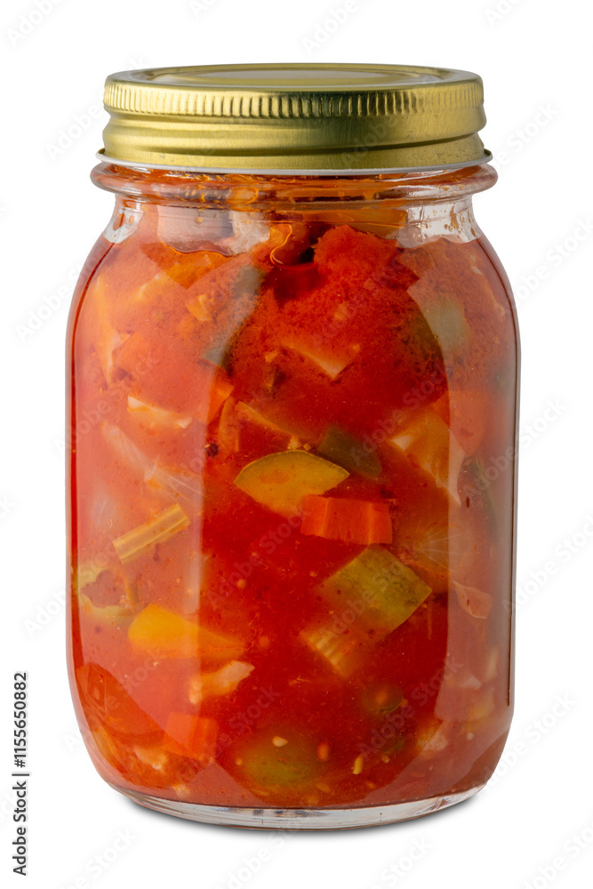 Mixed vegetables cooked in tomato sauce in glass jar isolated on white with clipping path included. Italian Giardiniera canned in glass jar Mixed vegetables cooked in tomato sauce in glass jar isolated on white with clipping path included. Italian Giardiniera canned in glass jar