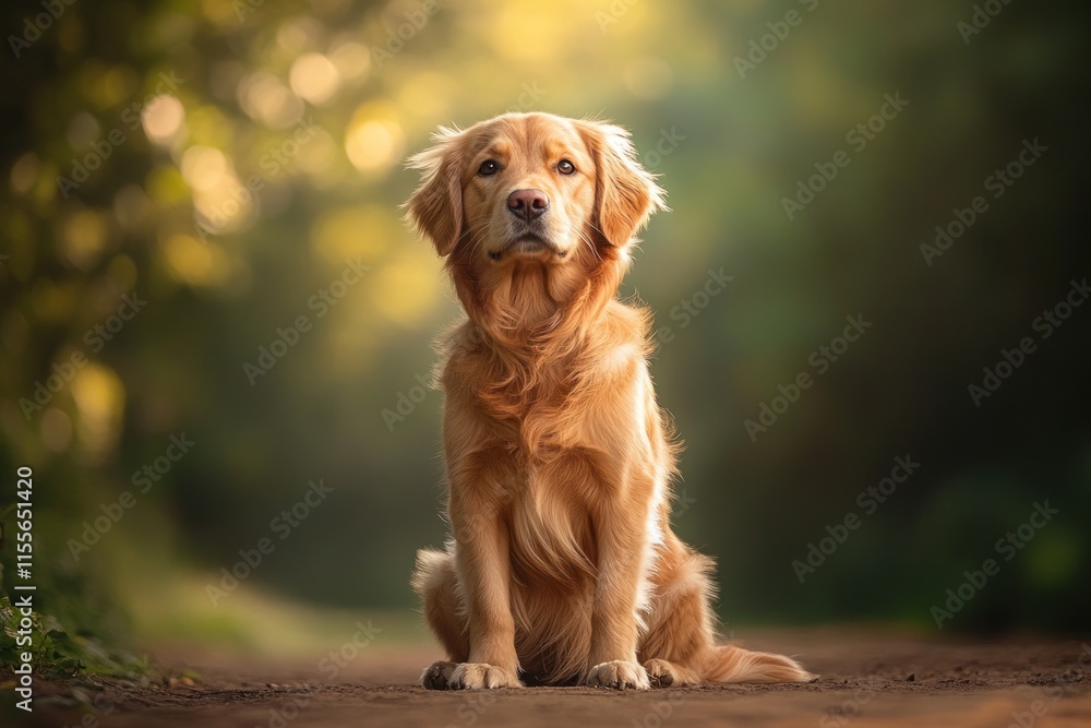 Golden Retriever dog sitting on a forest path, looking at the camera. Golden Retriever dog sitting on a forest path, looking at the camera.