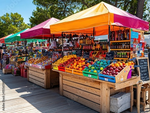 Outdoor marketstyle gift shop with canopy tents, wooden displays, and colorful signage, Gift Shop, Outdoor Market photo