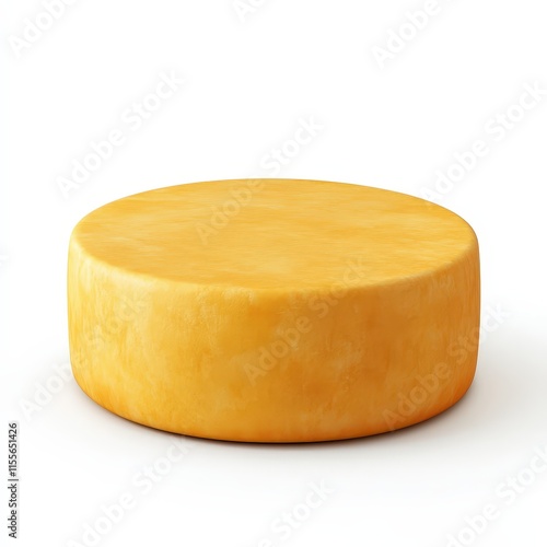 A yellow cheese wheel is sitting on a white background photo