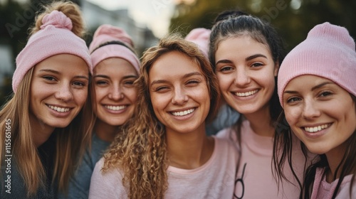Group of young caucasian females smiling outdoors in pink beanies