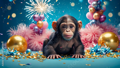 a young chimpanzee sitting on a bright blue floor, chimpanzee are various festive elements, including pastel-colored balloons in pink and purple, and several wrapped gift boxes in pink, blue, and gold