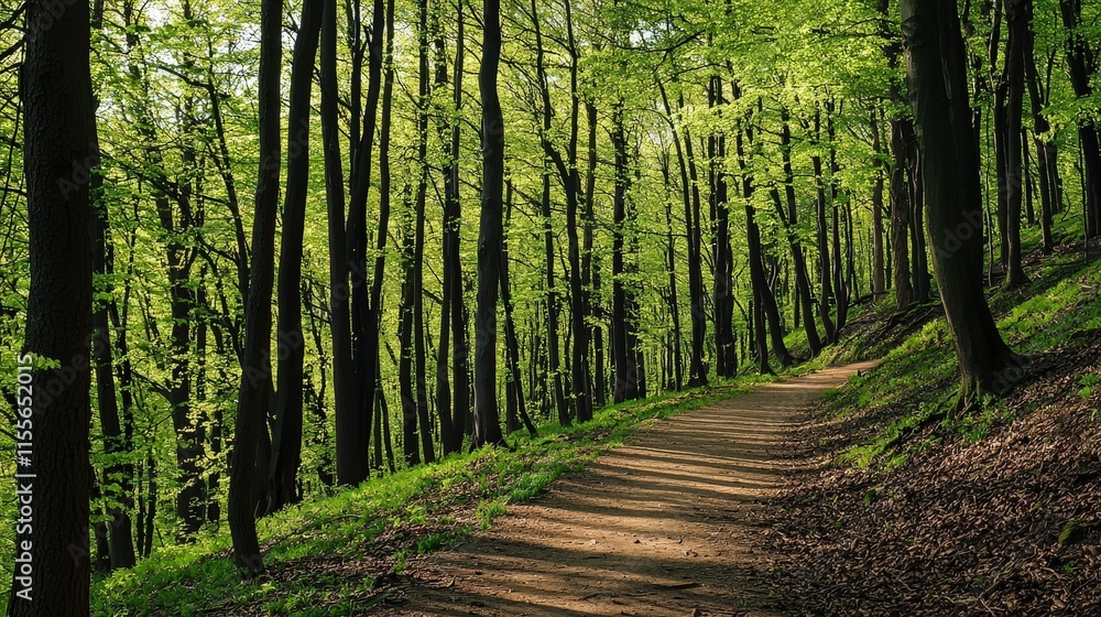 Fototapeta premium Walkway in a green spring beech forest beautiful, landscape