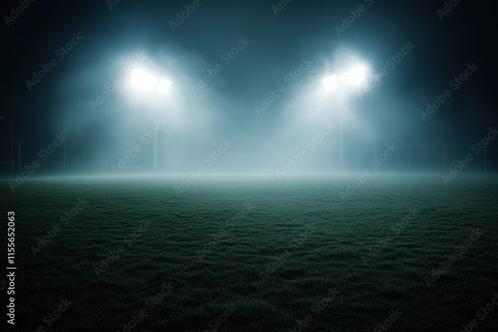 Foggy night scene of a sports field illuminated by two bright stadium lights. Foggy night scene of a sports field illuminated by two bright stadium lights.