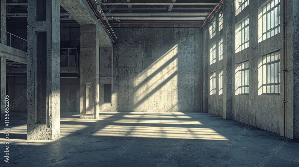 Sunlit empty industrial space with concrete walls, columns, and high windows. Sunlit empty industrial space with concrete walls, columns, and high windows.