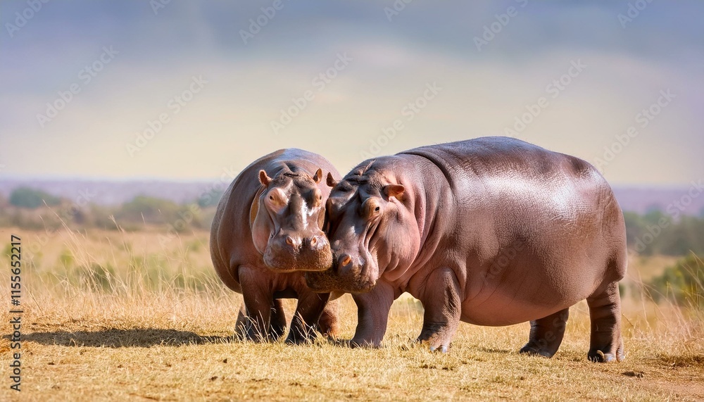 Couple of wild hippo standing on pasture and cuddling tenderly, national hugging day Couple of wild hippo standing on pasture and cuddling tenderly, national hugging day