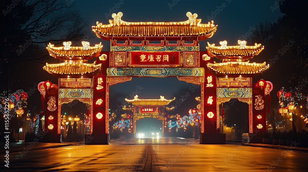 Fototapeta premium Illuminated Chinese Gate in Winter Nightscape Winter Lantern Serenity Illuminated Oriental Gateways Festive Chinese Nightscapes