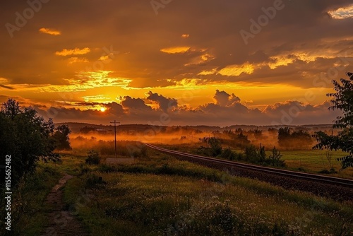 Wallpaper Mural Beautiful orange sunset in low clouds over railroad landscape Torontodigital.ca
