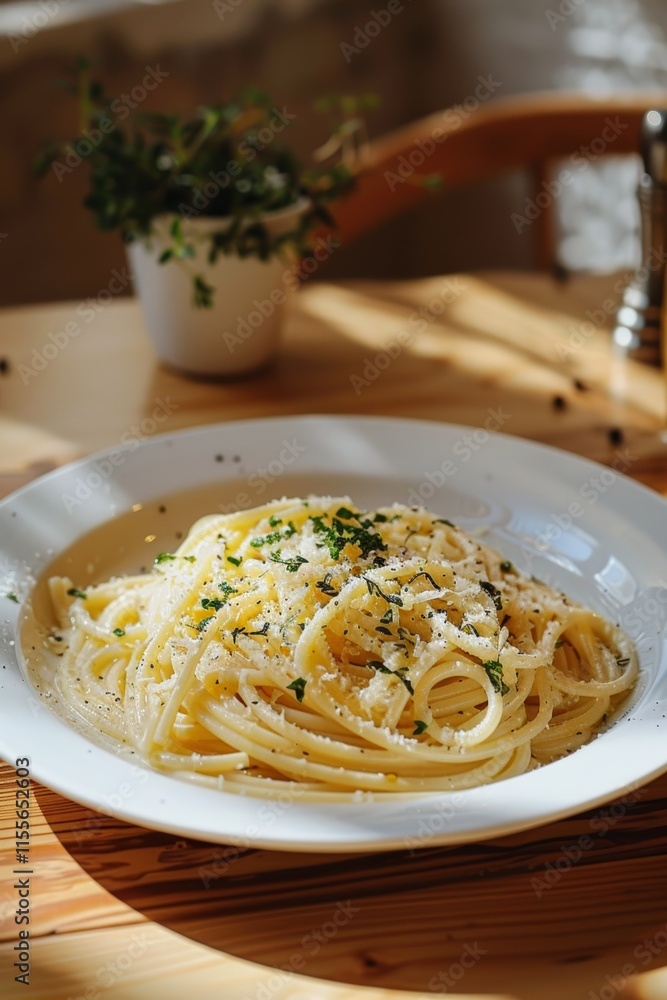 White plate of spaghetti with herbs on a minimalist background White plate of spaghetti with herbs on a minimalist background