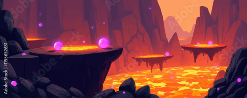 Volcanic Landscape with Lava Lakes and Glowing Orbs