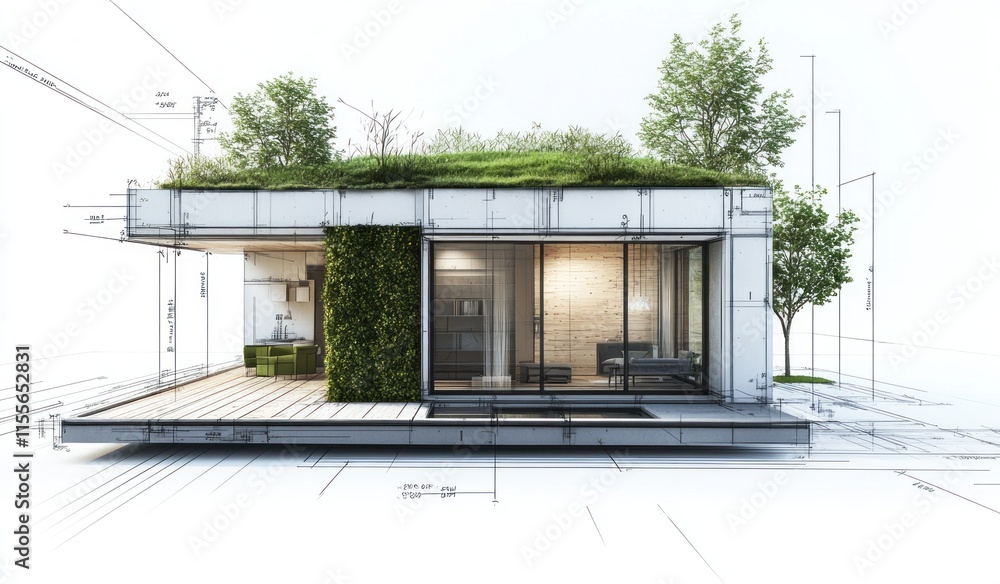 Modern eco-friendly house architectural design with green roof and living wall. Modern eco-friendly house architectural design with green roof and living wall.