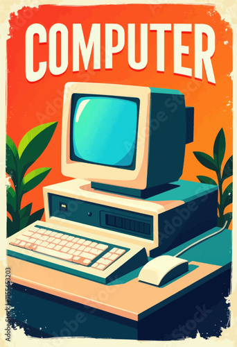 Vintage Computer Illustration with Green Screen and Keyboard