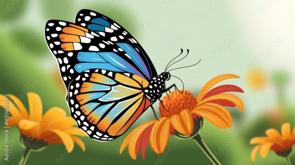 A butterfly with vivid blue and orange wings perched on a vibrant flower in a lush forest A butterfly with vivid blue and orange wings perched on a vibrant flower in a lush forest
