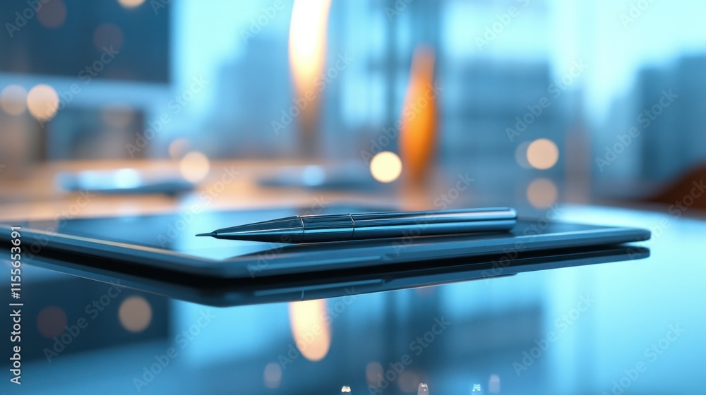 Tablet and pen on a reflective surface in a modern office. Tablet and pen on a reflective surface in a modern office.