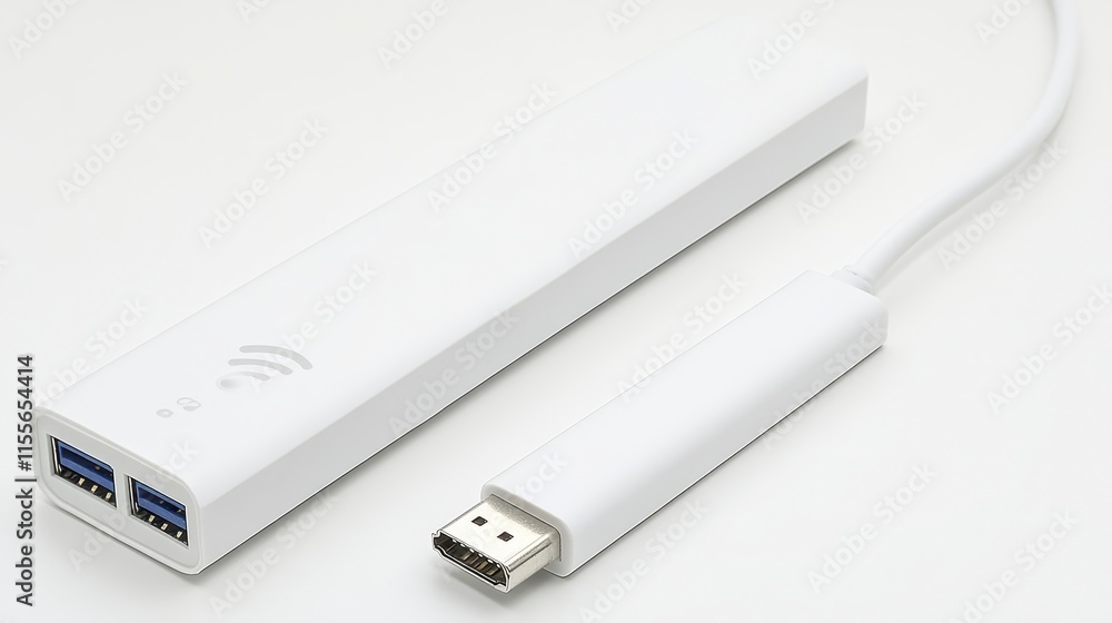 White USB-C hub with HDMI and USB ports. White USB-C hub with HDMI and USB ports.