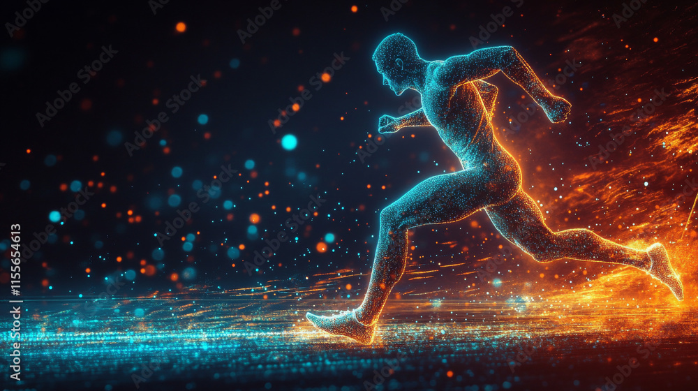 Hologram running. A man runs. Flickering energy flux of particles. The scientific design of the sport. Hologram running. A man runs. Flickering energy flux of particles. The scientific design of the sport.