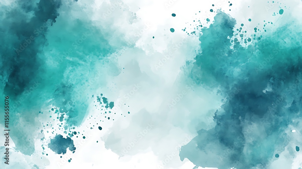 Fototapeta premium Fluid abstract watercolor background in teal and green shades with natural textures