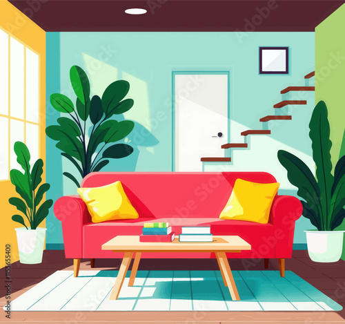 Vibrant living room with red sofa and large plants