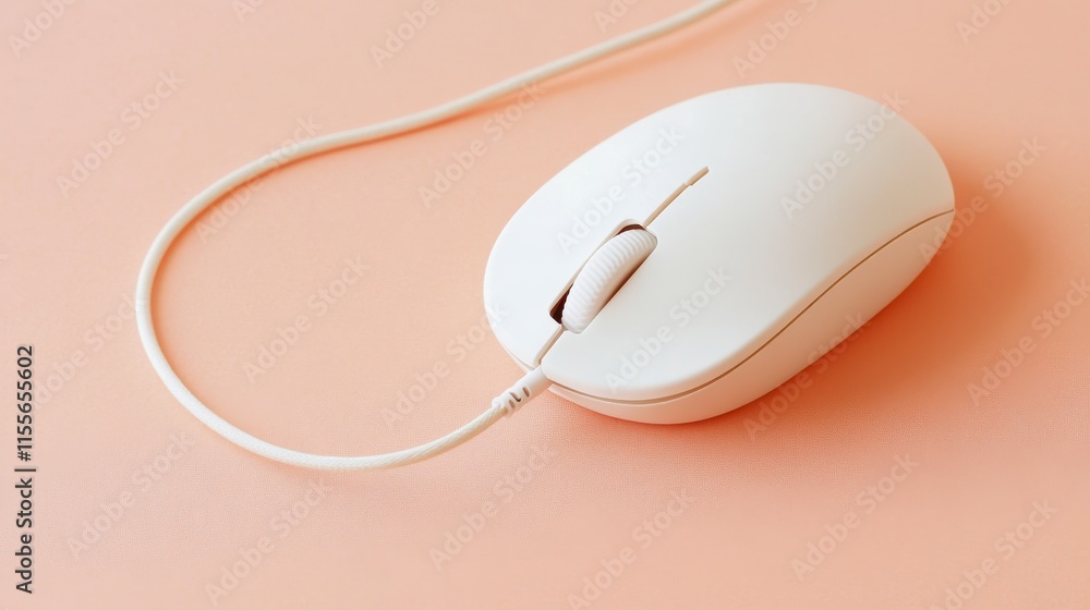 White wired computer mouse on peach background. White wired computer mouse on peach background.