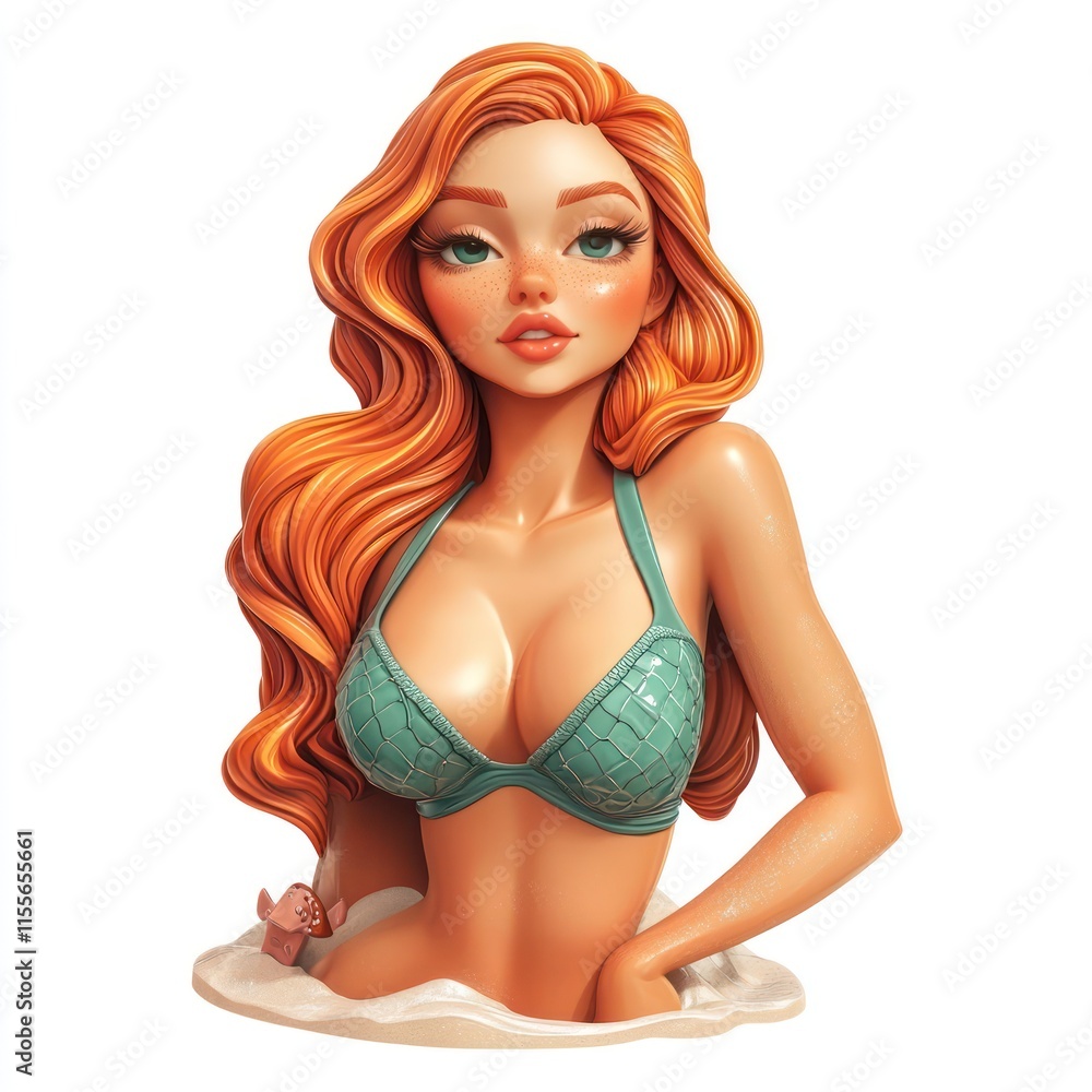 A beach-loving woman with wavy hair and a swimsuit. vector style art 3d illustration Isolated on White Background A beach-loving woman with wavy hair and a swimsuit. vector style art 3d illustration Isolated on White Background
