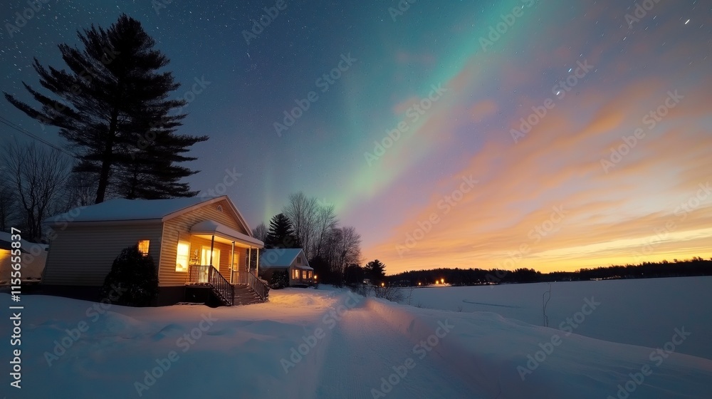 Mesmerizing Northern Lights Illuminating Snowy Landscape at Dusk Mesmerizing Northern Lights Illuminating Snowy Landscape at Dusk
