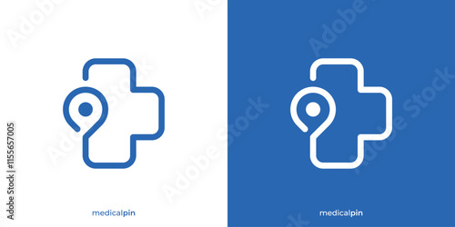 Creative Medical Pin Logo. Plus Health and Location, Map, Pin, Point Icon Graphic. Health Care Logo Design Template.