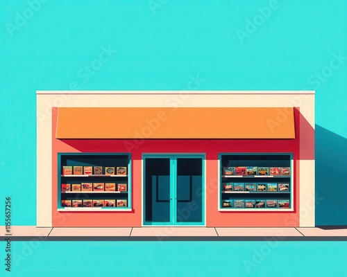 Retro comic bookstyle gift shop exterior with bold colors, pop art decor, and vintage comic posters, Gift Shop, Comic Book Fun photo