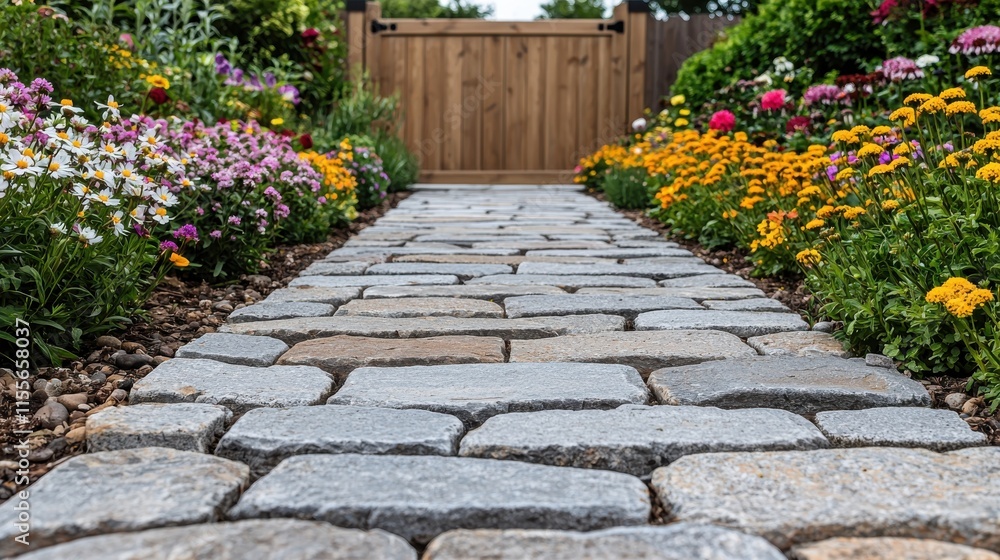 Serene Stone Pathway Flanked by Colorful Blooms Serene Stone Pathway Flanked by Colorful Blooms