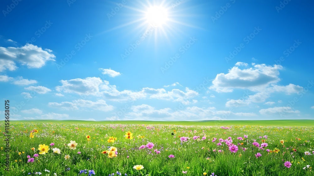 Bright Sunny Day Over a Vibrant Flower Field with Colorful Blooms Under a Clear Blue Sky and Fluffy Clouds, Capturing the Essence of Nature's Beauty and Serenity Bright Sunny Day Over a Vibrant Flower Field with Colorful Blooms Under a Clear Blue Sky and Fluffy Clouds, Capturing the Essence of Nature's Beauty and Serenity