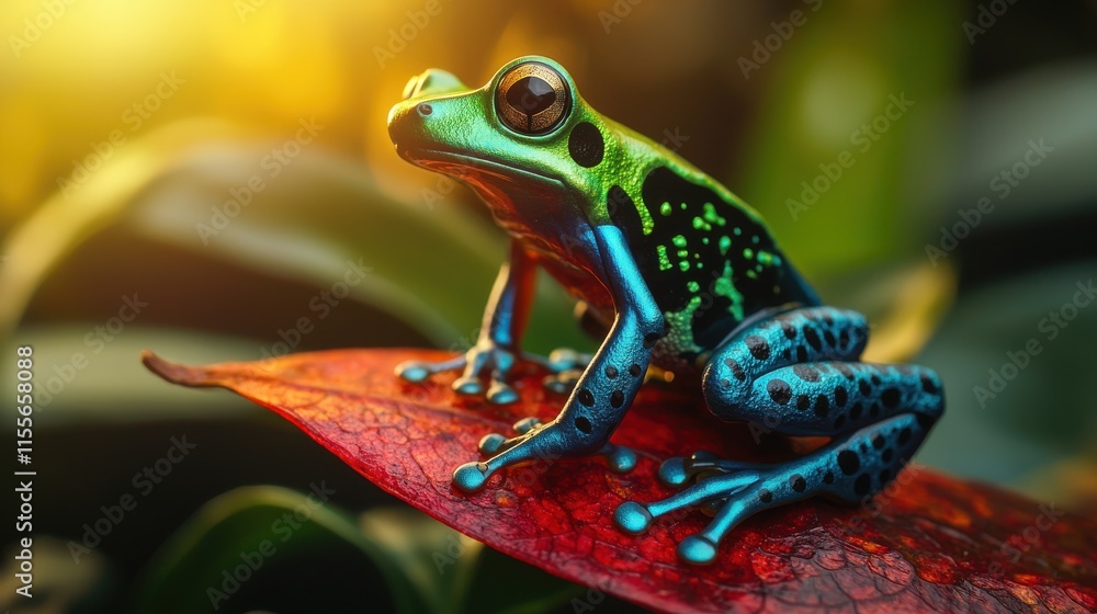 Vibrant Frog on a Red Leaf with Green Background Vibrant Frog on a Red Leaf with Green Background