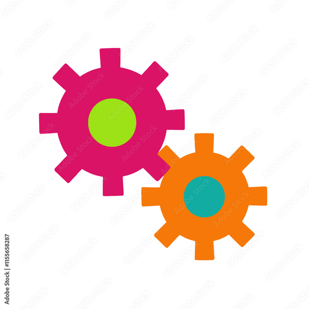 Two colorful gears, one pink with a green center, one orange with a blue center Two colorful gears, one pink with a green center, one orange with a blue center