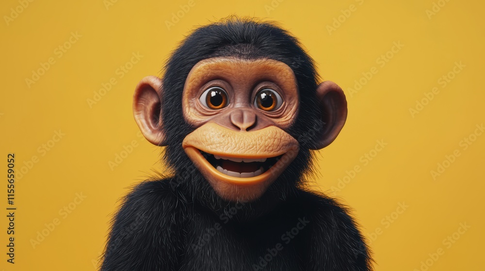 Naklejka premium Adorable 3D Rendered Chimpanzee Portrait Against Yellow Background