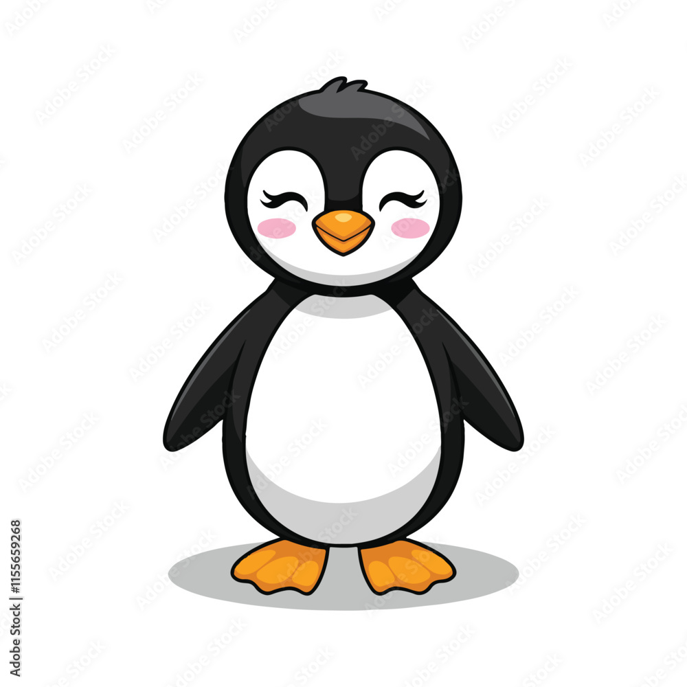 Fototapeta premium Cute Cartoon Penguin with Black Body White Patches Yellow Feet and Beak Happy Expression Design