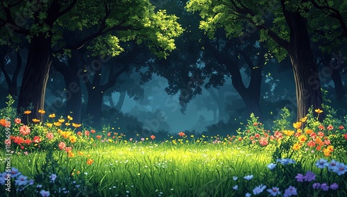 Enchanting Forest Meadow: Vibrant Flowers Underneath a Canopy of Trees