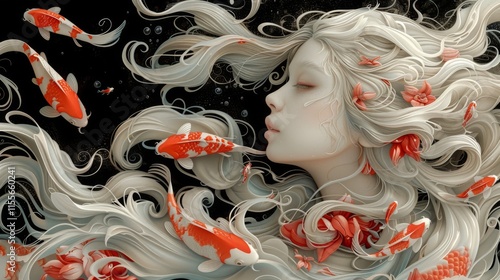 Mythical creatures. art nouveau 2d style image of A siren and koi fish photo