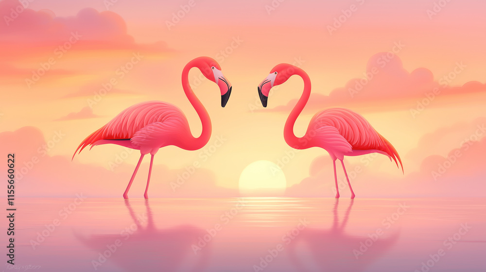 Fototapeta premium A pair of flamingos wading in a serene salt flat during sunrise, the pink and orange hues of the sky reflected in the water, creating a dynamic and tranquil scene