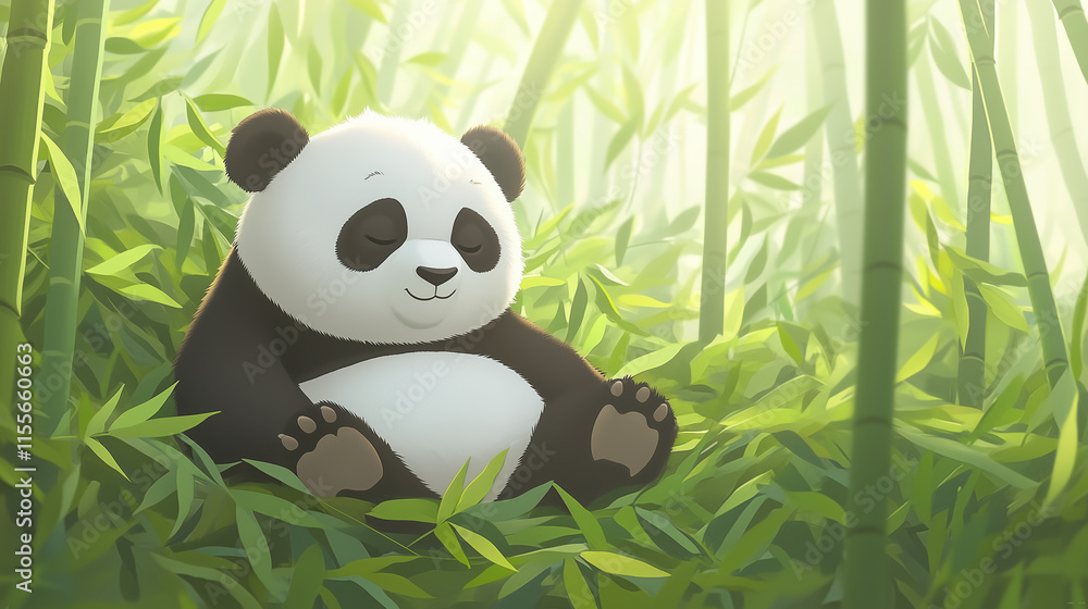 Obraz premium A panda peacefully sitting in a bamboo forest, surrounded by vibrant green stalks, with soft rays of sunlight filtering through the canopy