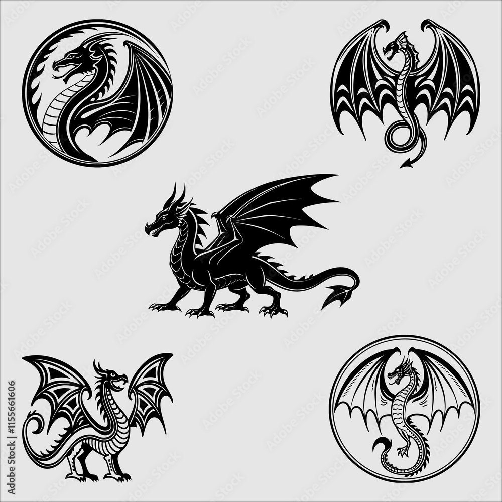 Fototapeta premium Five Black Dragon Designs