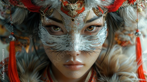 Mythical creatures. Photorealistic Fantasy Art: Fox Kitsune Woman in Intricate Mask and Kimono with Dramatic Lighting  photo