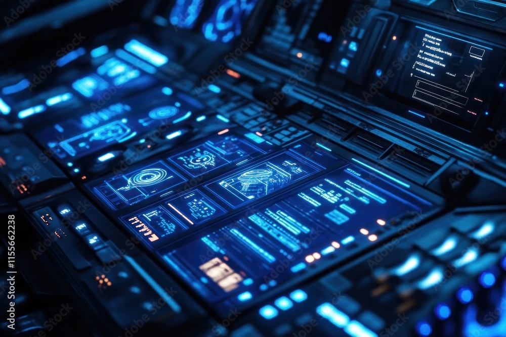 Futuristic control panel with glowing blue screens displaying data and graphs. Futuristic control panel with glowing blue screens displaying data and graphs.
