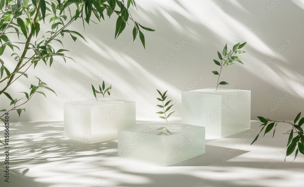 Three translucent cubes with small plants, illuminated by sunlight against a white background. Three translucent cubes with small plants, illuminated by sunlight against a white background.