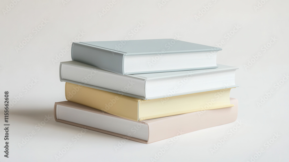 A minimalist stack of sleek hardcover books with pastel-colored covers, perfectly aligned on a pristine white background, featuring smooth A minimalist stack of sleek hardcover books with pastel-colored covers, perfectly aligned on a pristine white background, featuring smooth