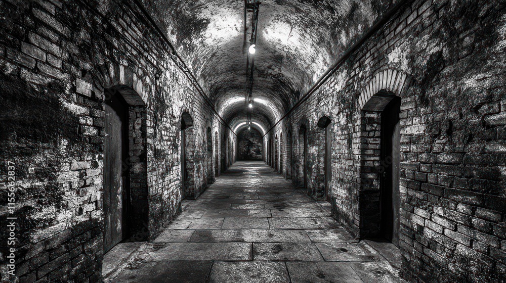 Monochrome image of a long, dark, arched brick corridor with small doors on either side, lit by a single light source. Monochrome image of a long, dark, arched brick corridor with small doors on either side, lit by a single light source.