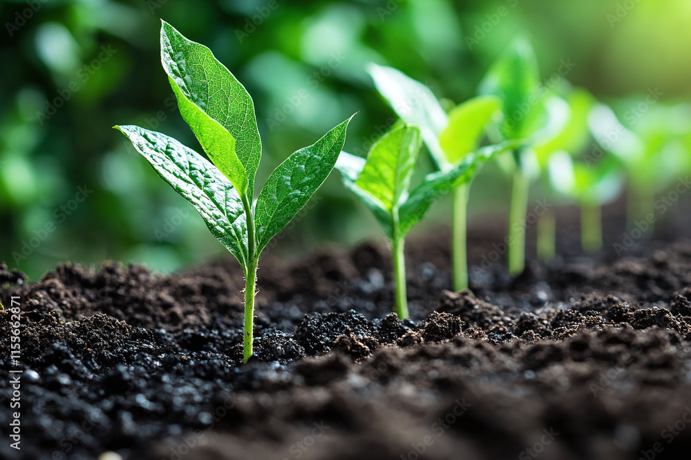 Fresh seedlings are growing in dark soil, basking in sunlight in a lush garden setting. Generative AI Fresh seedlings are growing in dark soil, basking in sunlight in a lush garden setting. Generative AI