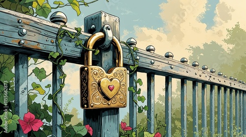 Golden love lock with a heart-shaped design hanging on a decorative fence surrounded by greenery